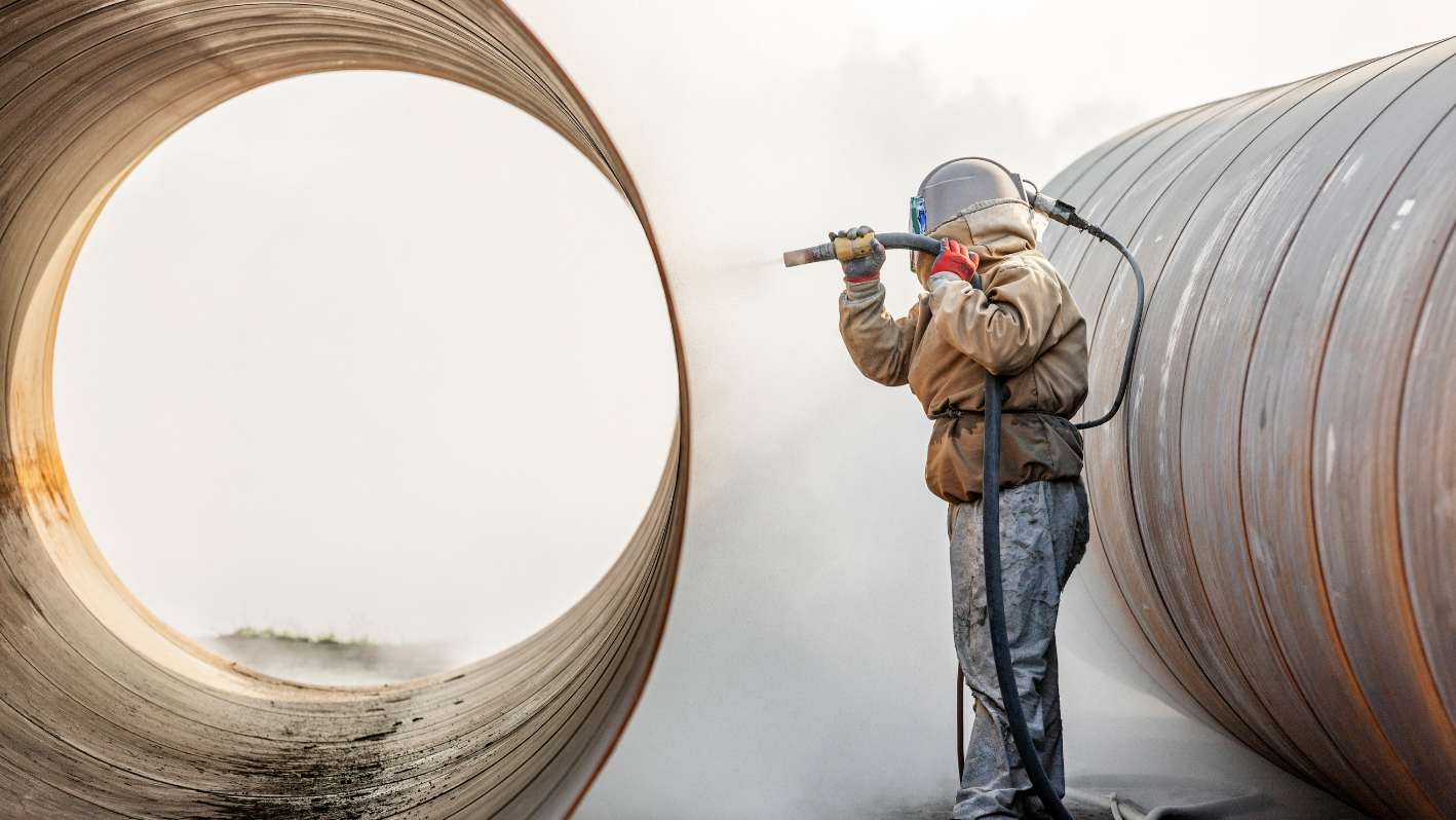 A man standing in front of a giant pipe